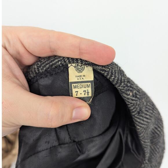 Vintage 100% Wool Herringbone Flat Cap Newsboy Hat Size 7-7 1/8 Made in USA - Picture 7 of 8